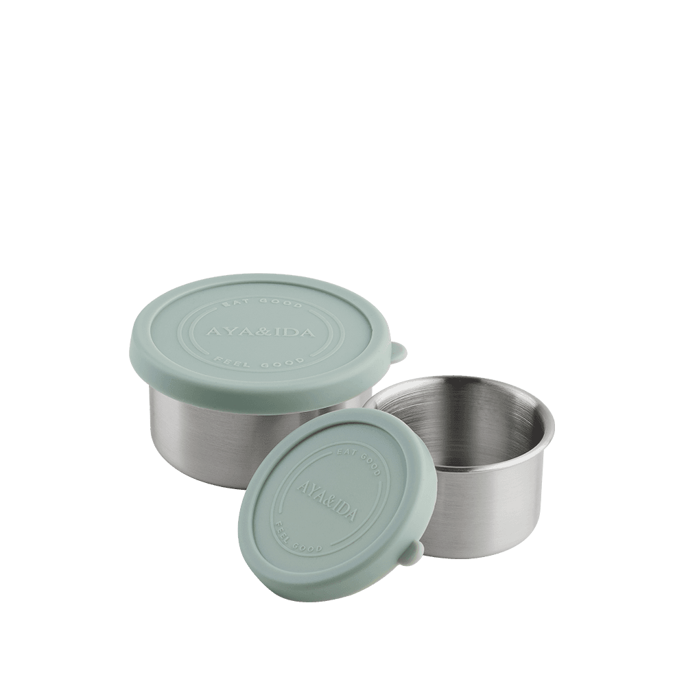AYA&IDA Snack Container sæt i Mint Green – 100 ml og 200 ml beholdere i rustfrit stål med silikone låg