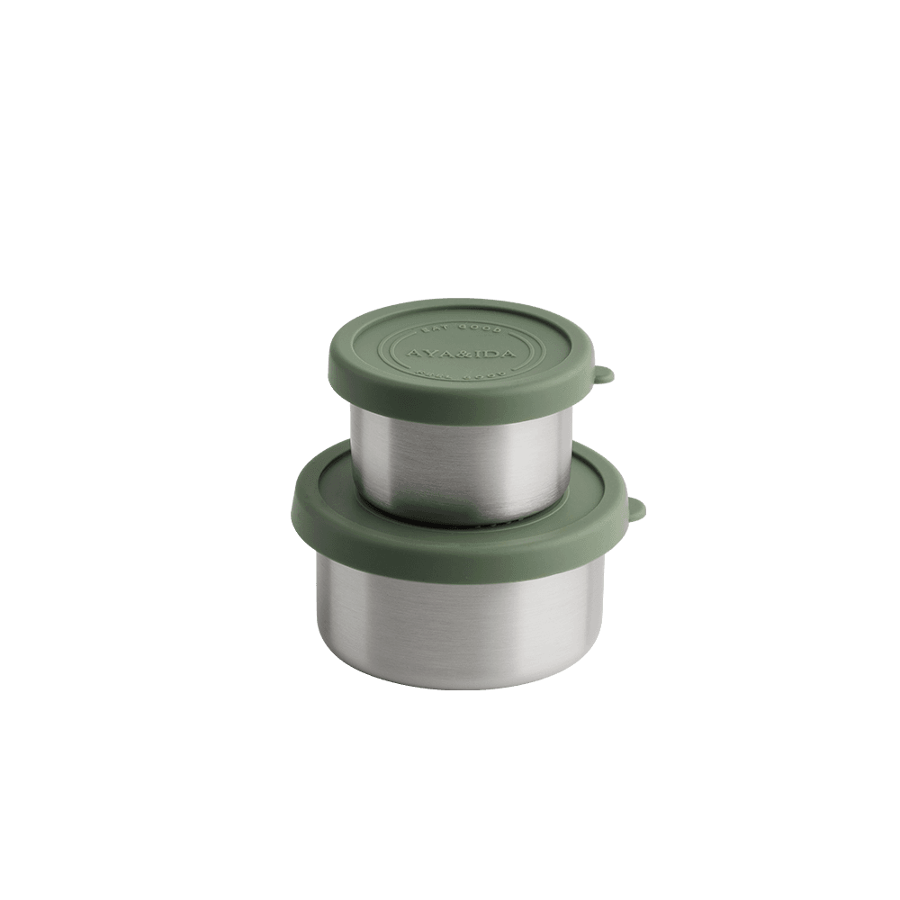 AYA&IDA Snack Container sæt i Tropical Green – 100 ml og 200 ml beholdere i rustfrit stål med silikone låg