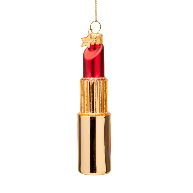 Vondels julekugle i glas formet som læbestift i guld, rød og rosa – håndmalet og mundblæst.