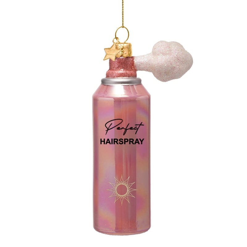 Vondels julekugle i glas formet som pink hairspray-flaske, håndmalet og mundblæst.