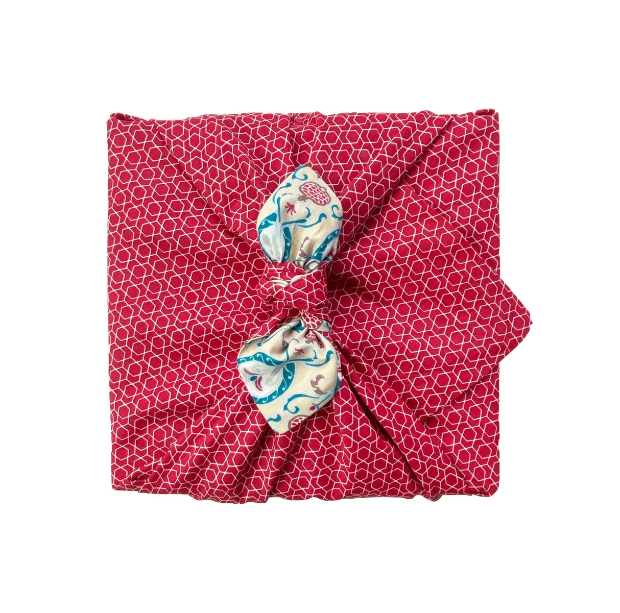 Vendbar furoshiki stofgaveindpakning i GOTS-certificeret økologisk bomuld 75x75 cm med Teal & Cherry design fra FabRap