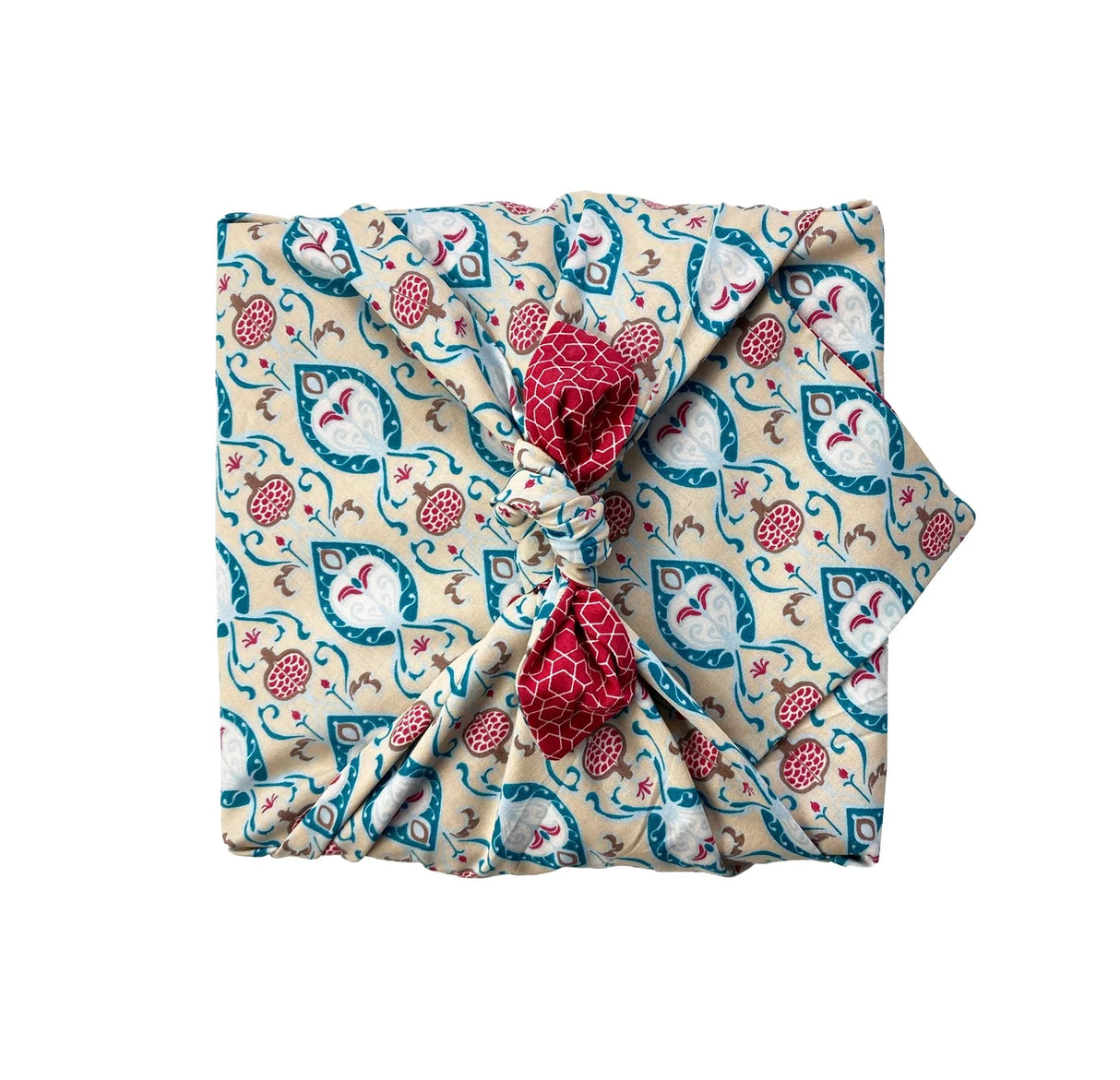 Vendbar furoshiki stofgaveindpakning i GOTS-certificeret økologisk bomuld 75x75 cm med Teal & Cherry design fra FabRap