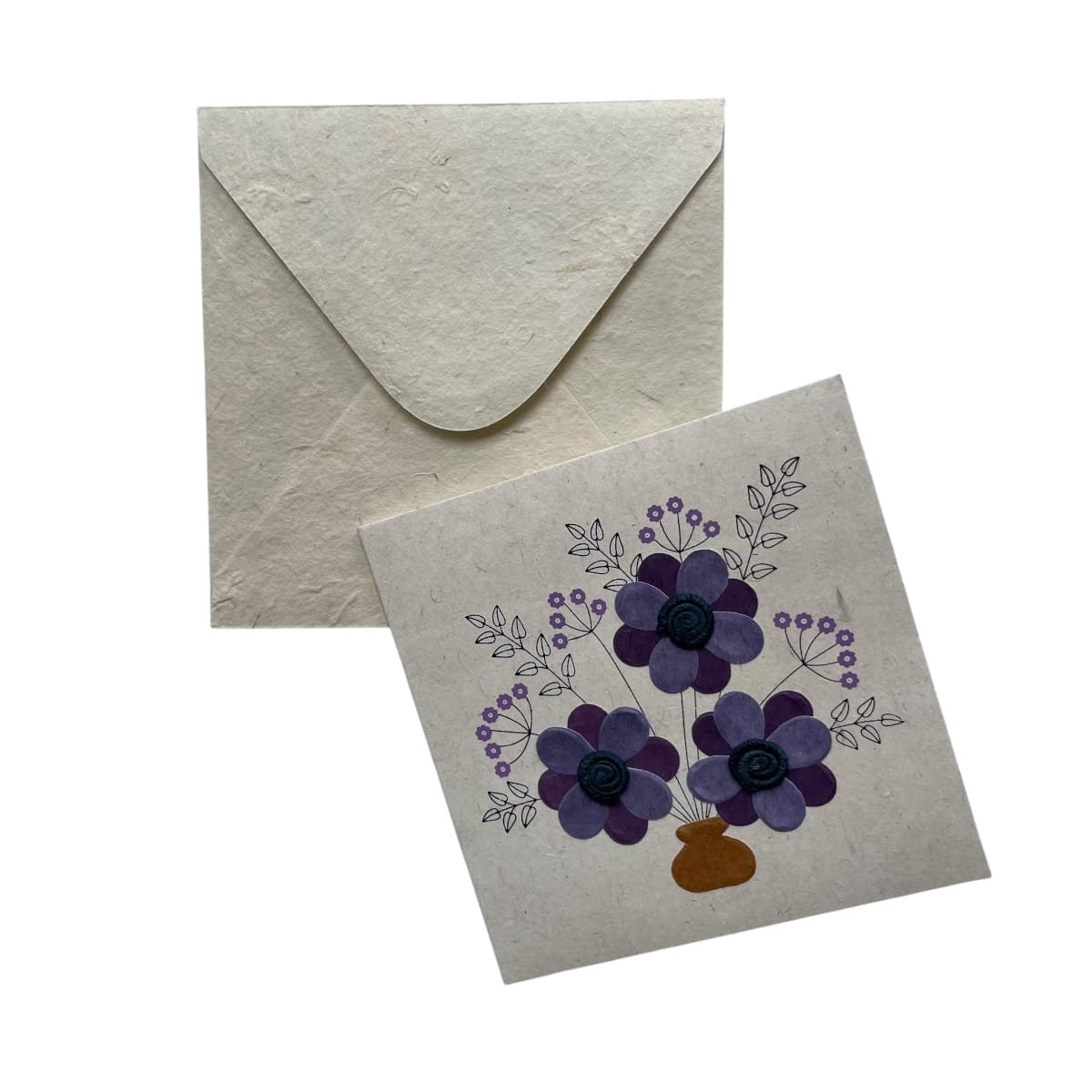 Kort i genanvendt papir – Lilla blomster (14x14 cm)
