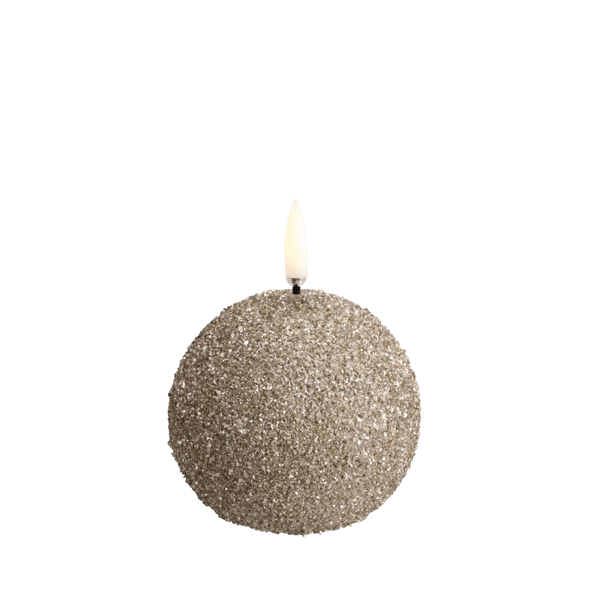 Uyuni LED sneboldlys i champagnefarvet glimmerfinish med livagtig flamme – rund form som en snebold, fotograferet i varm, stemningsfuld belysning.