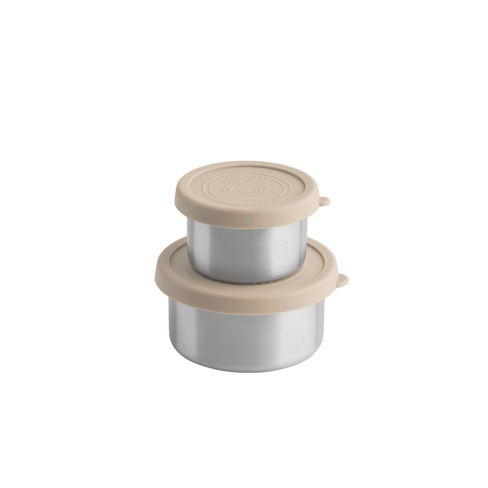 AYA&IDA Snack Container sæt i Cream Beige – 100 ml og 200 ml beholdere i rustfrit stål med silikone låg