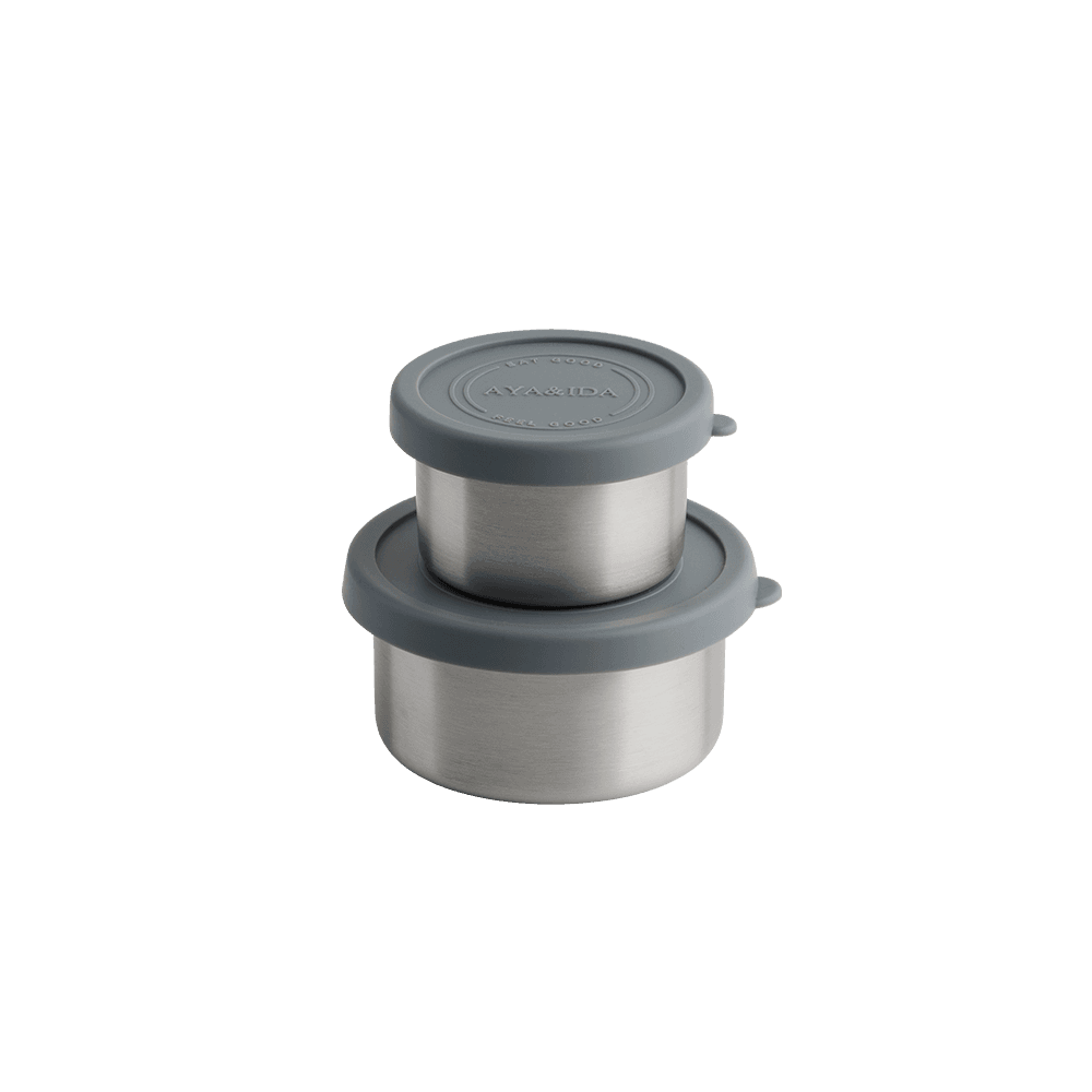 AYA&IDA Snack Container sæt i Dark Grey – 100 ml og 200 ml beholdere i rustfrit stål med silikone låg