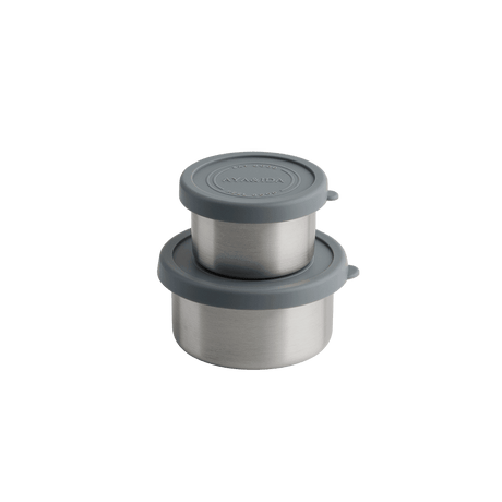 AYA&IDA Snack Container sæt i Dark Grey – 100 ml og 200 ml beholdere i rustfrit stål med silikone låg