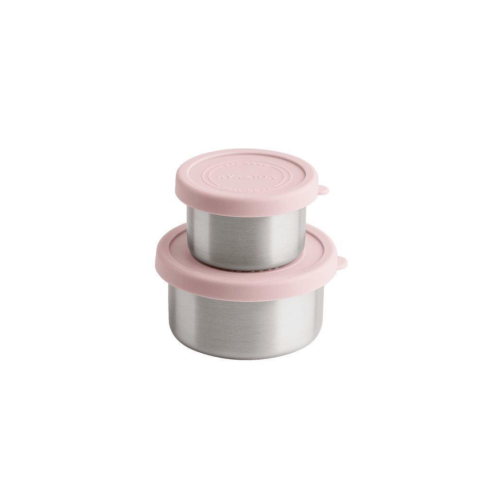AYA&IDA Snack Container sæt i Soft Rose – 100 ml og 200 ml beholdere i rustfrit stål med silikone låg