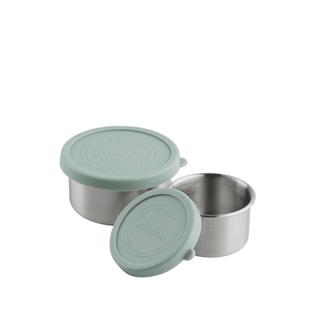 AYA&IDA Snack Container sæt i Mint Green – 100 ml og 200 ml beholdere i rustfrit stål med silikone låg