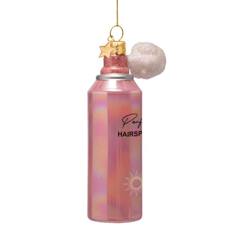 Vondels julekugle i glas formet som pink hairspray-flaske, håndmalet og mundblæst.