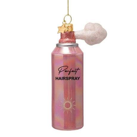 Vondels julekugle i glas formet som pink hairspray-flaske, håndmalet og mundblæst.