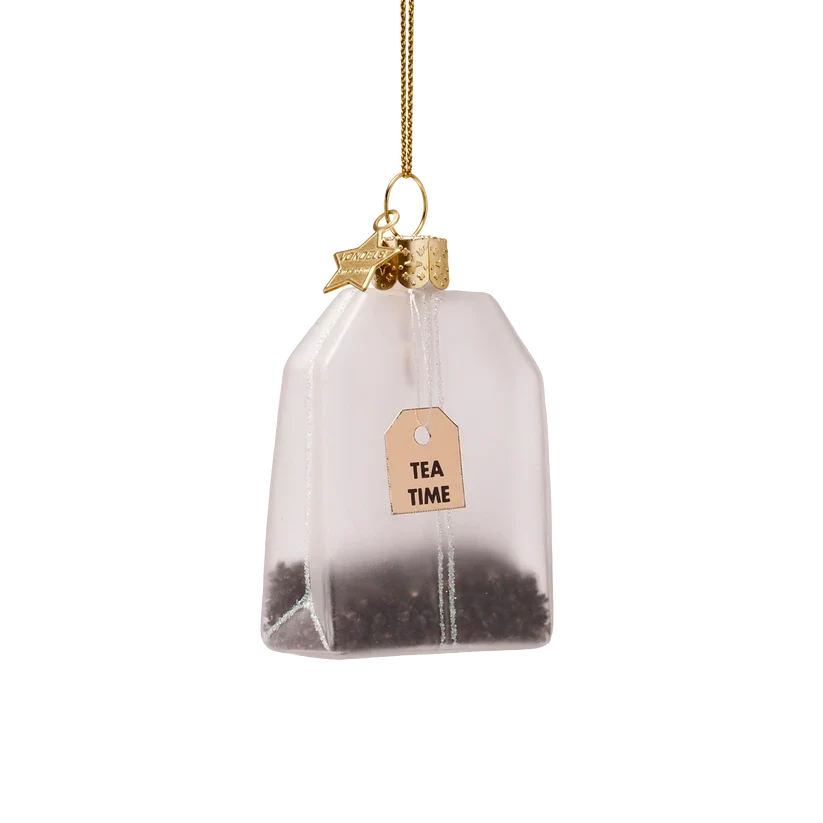 Vondels julekugle i transparent glas formet som et tebrev, mundblæst og håndmalet