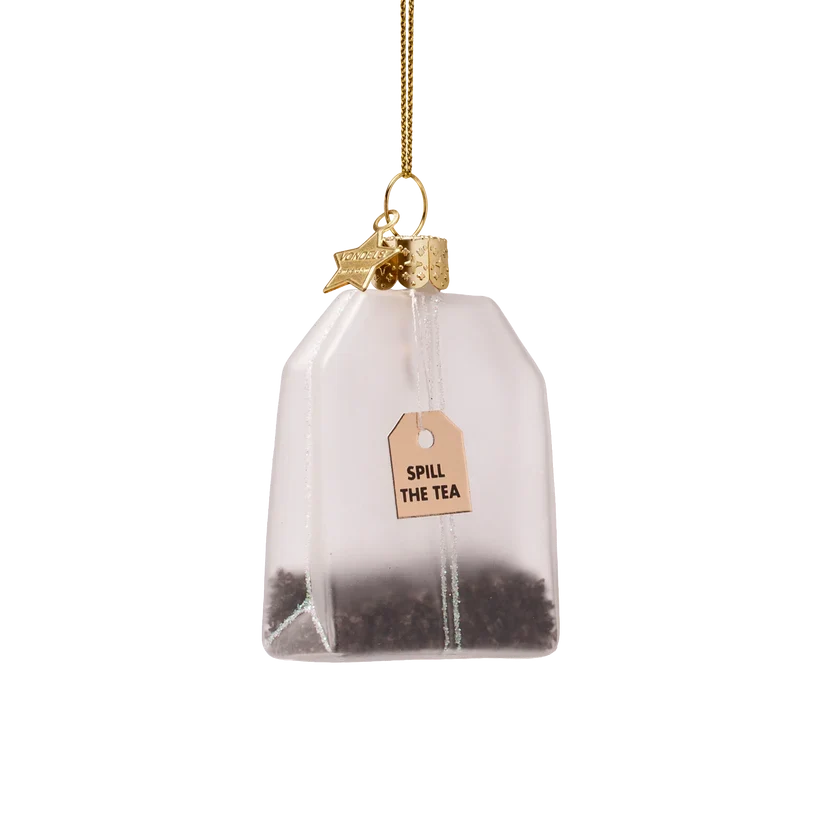 Vondels julekugle i transparent glas formet som et tebrev, mundblæst og håndmalet