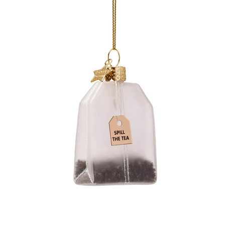 Vondels julekugle i transparent glas formet som et tebrev, mundblæst og håndmalet