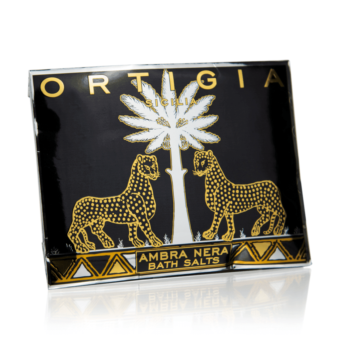 Badesalt i sort og guld kuvert med leopard. Amber Nera Ortigia Sicilia