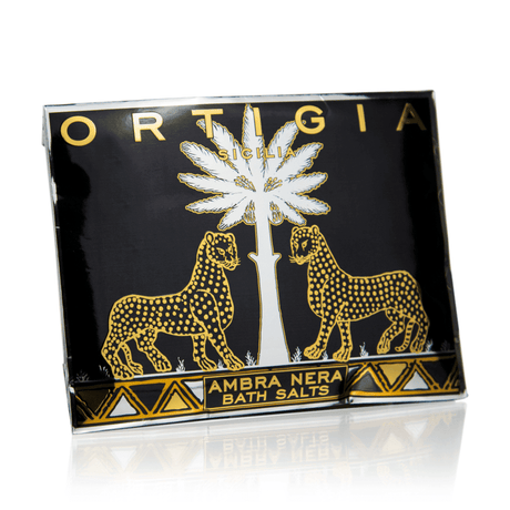 Badesalt i sort og guld kuvert med leopard. Amber Nera Ortigia Sicilia