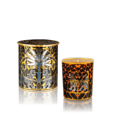 Ambra Nera duftlys i glas med leopardprint