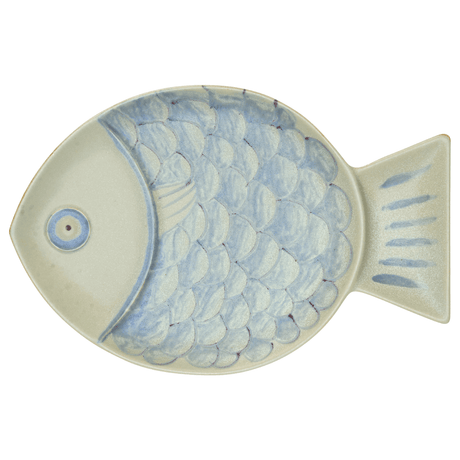 Madam Stoltz fisk formet fad i stentøj i lyseblå og sandfarvede nuancer 33x22 cm