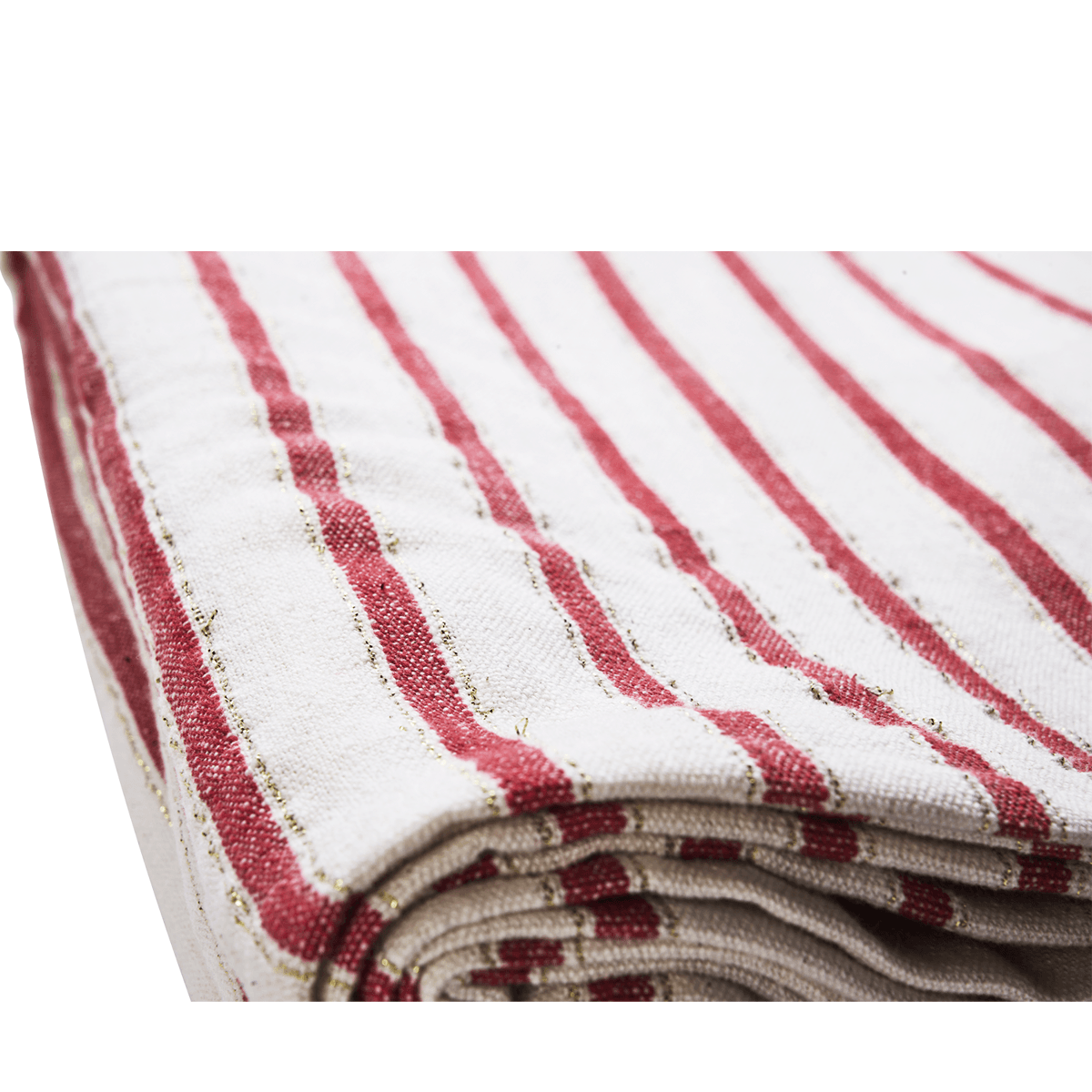 Madam Stoltz – Stribet dug 120x220 cm, Offwhite/Rød/Gylden