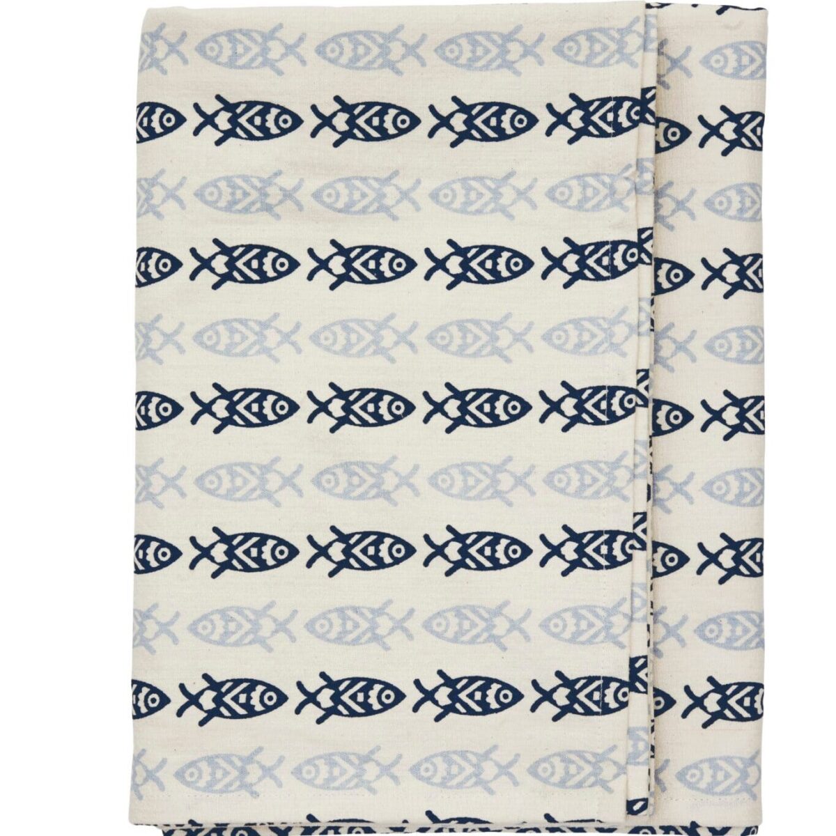 Bomuldsdug med blå fiskeprint fra Madam Stoltz i off white og blå nuancer