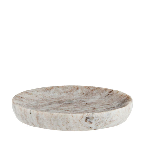 Rundt beige marmorfad fra Madam Stoltz, Ø13 cm, perfekt til bloklys, fyrfadslys og småting.